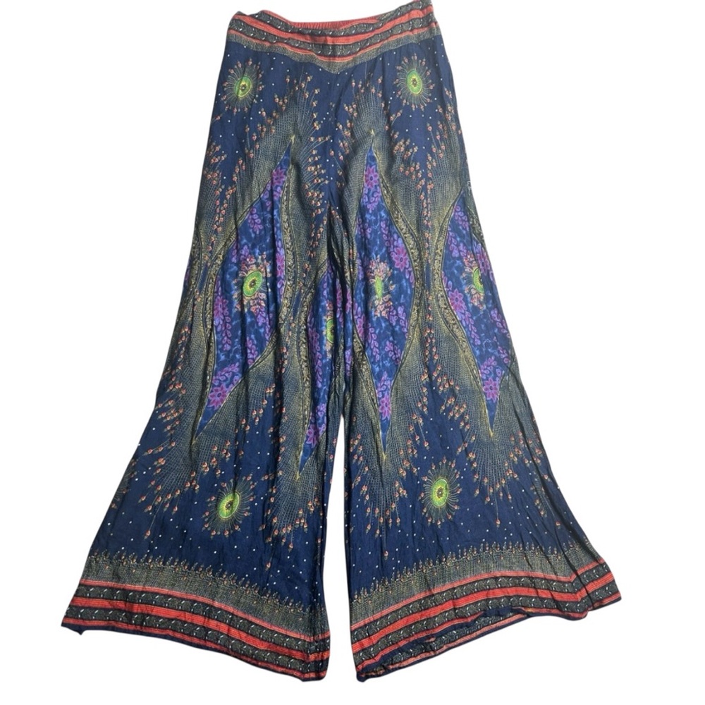 Harem Pants Peacock Boho Wide Leg Printed Pants Made in‎ Thailand Navy Blue